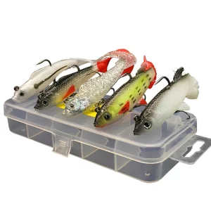 Kit com 5 Iscas de Pesca Cauda Longa + Caixa de Armazenamento