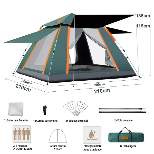 Barraca de Camping Tenda Pop-up Automática para 3-4 Pessoas - Image 2