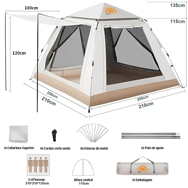 Barraca de Camping Tenda Pop-up Automática para 3-4 Pessoas