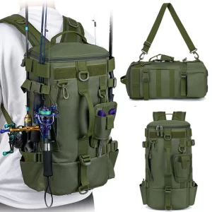 Mochila Tática Militar Pesca e Camping 50L – Impermeável, com Suporte para Varas, Sobrevivência Outdoor, Caça, Trilha e Aventura
