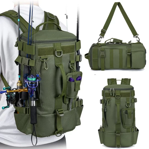 Mochila Tática Militar Pesca e Camping 50L – Impermeável, com Suporte para Varas, Sobrevivência Outdoor, Caça, Trilha e Aventura
